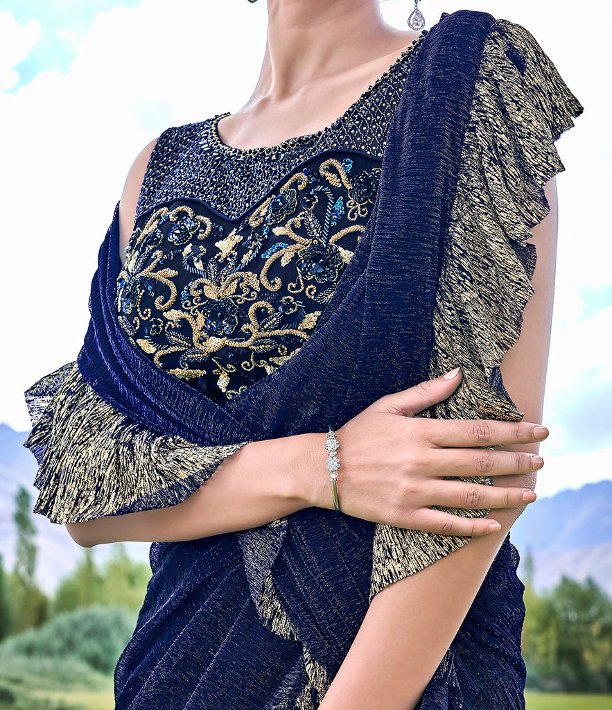 Navy Blue & Beige Designer Embroidered Fancy Party Wear Frill Saree-Saira's Boutique