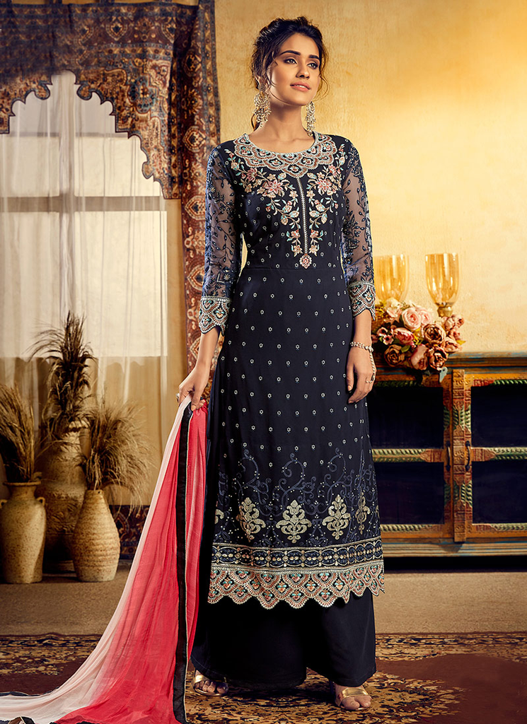 Navy Blue & Coral Pink Designer Embroidered Georgette Palazzo Suit-Saira's Boutique