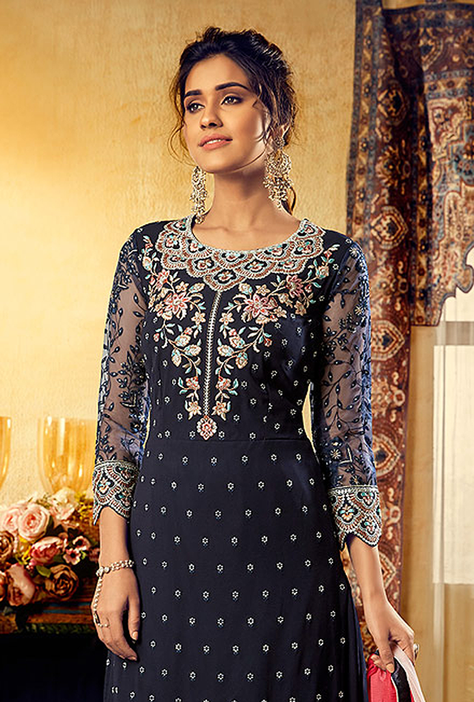 Navy Blue & Coral Pink Designer Embroidered Georgette Palazzo Suit-Saira's Boutique