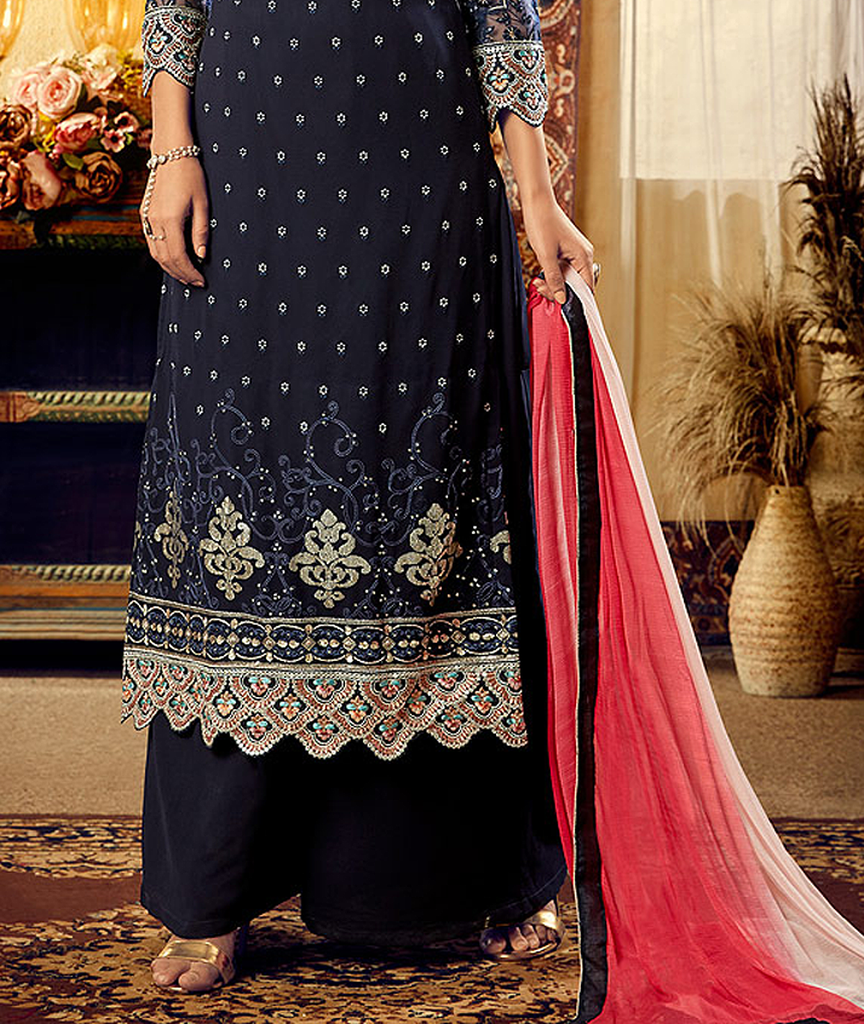 Navy Blue & Coral Pink Designer Embroidered Georgette Palazzo Suit-Saira's Boutique