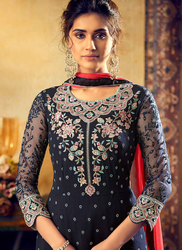 Navy Blue & Coral Pink Designer Embroidered Georgette Palazzo Suit-Saira's Boutique
