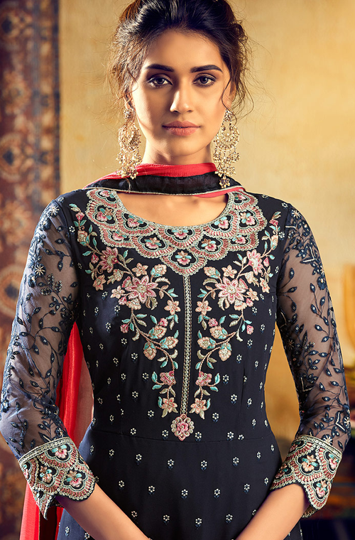 Navy Blue & Coral Pink Designer Embroidered Georgette Palazzo Suit-Saira's Boutique