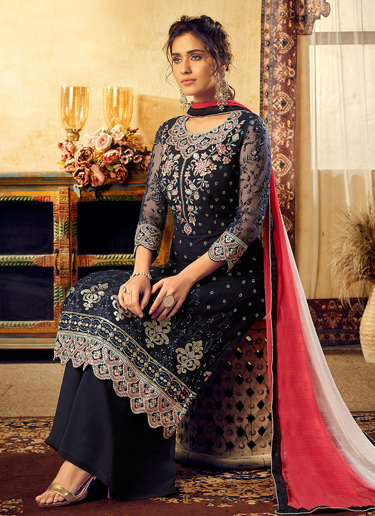 Navy Blue & Coral Pink Designer Embroidered Georgette Palazzo Suit-Saira's Boutique