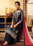 Navy Blue & Coral Pink Designer Embroidered Georgette Palazzo Suit-Saira's Boutique