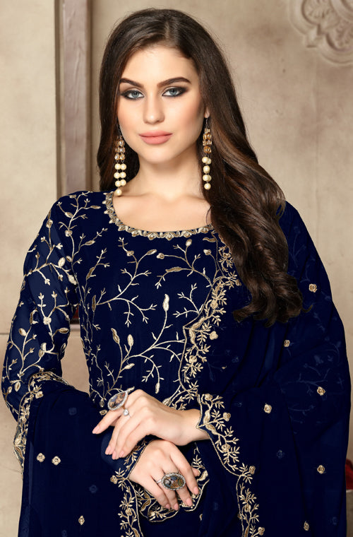 Navy Blue Designer Heavy Embroidered Georgette Wedding Anarkali Suit-Saira's Boutique
