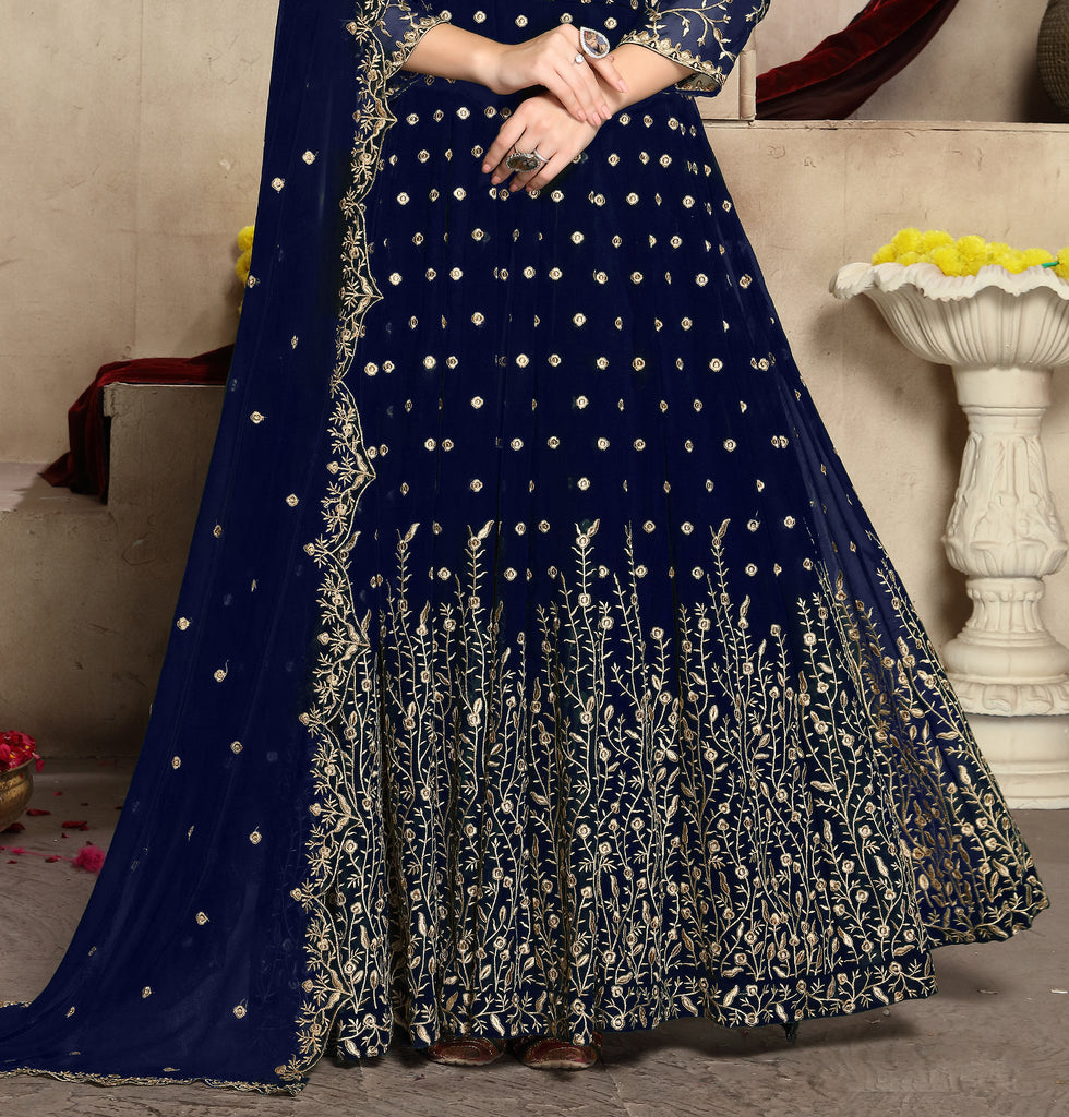 Navy Blue Designer Heavy Embroidered Georgette Wedding Anarkali Suit-Saira's Boutique