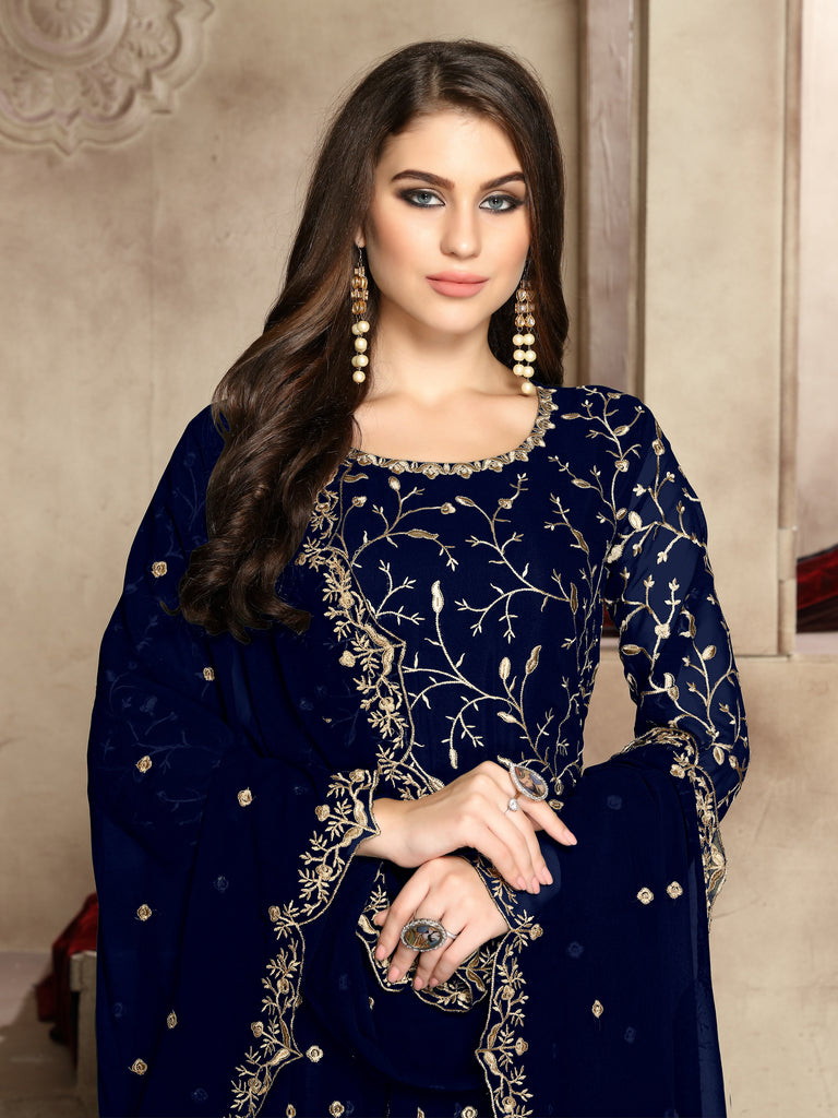 Navy Blue Designer Heavy Embroidered Georgette Wedding Anarkali Suit-Saira's Boutique