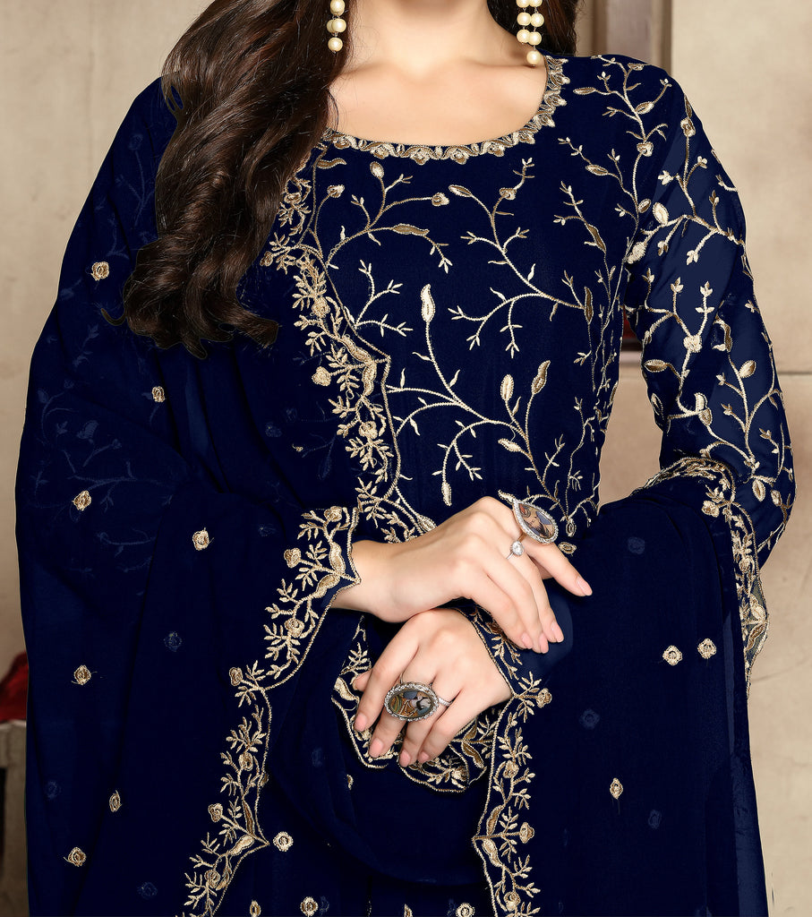 Navy Blue Designer Heavy Embroidered Georgette Wedding Anarkali Suit-Saira's Boutique