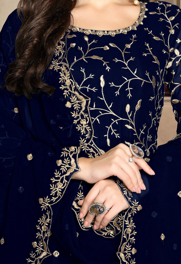 Navy Blue Designer Heavy Embroidered Georgette Wedding Anarkali Suit-Saira's Boutique