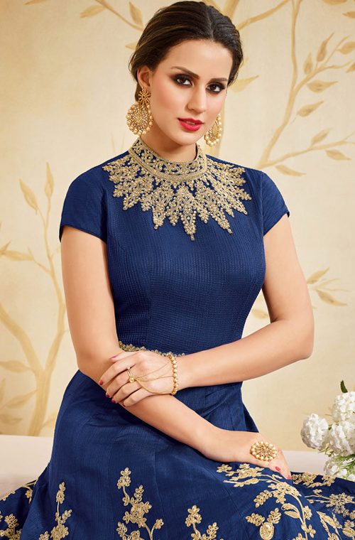 Navy Blue Designer Heavy Embroidered Silk Evening Gown-Saira's Boutique