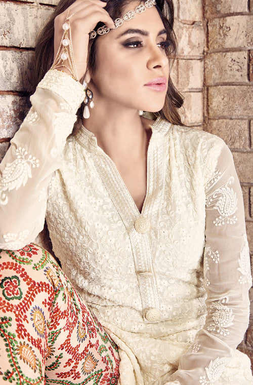 Off White Designer Embroidered Georgette Suit-Saira's Boutique