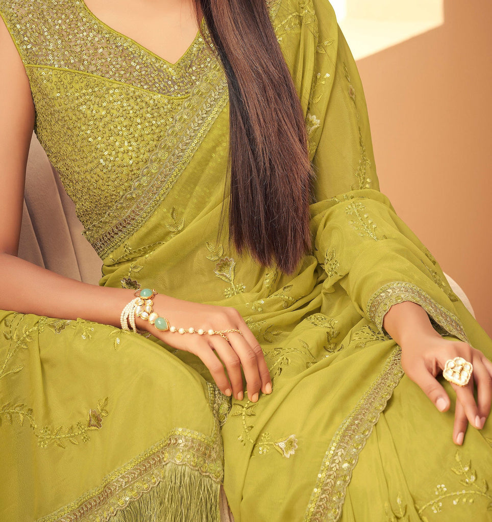 Old Gold Designer Embroidered Silk Wedding Saree-Saira's Boutique