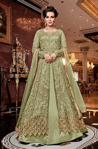 Dusty Mint Green Designer Heavy Embroidered Net Bridal Anarkali Suit