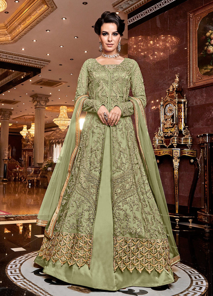 Olive Green Designer Embroidered Lehenga Style Bridal Anarkali Suit-Saira's Boutique