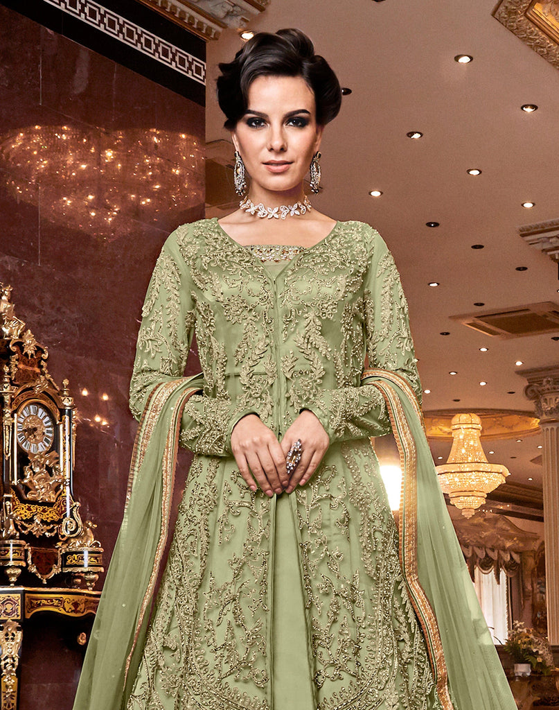 Olive Green Designer Embroidered Lehenga Style Bridal Anarkali Suit-Saira's Boutique