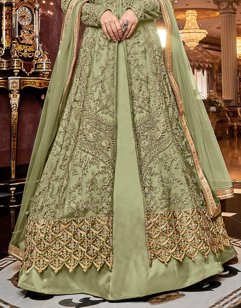 Olive Green Designer Embroidered Lehenga Style Bridal Anarkali Suit-Saira's Boutique