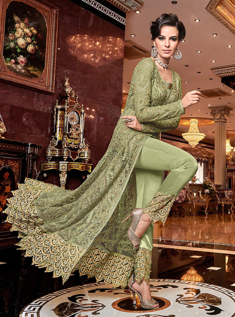 Olive Green Designer Embroidered Lehenga Style Bridal Anarkali Suit-Saira's Boutique