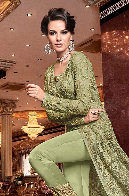 Olive Green Designer Embroidered Lehenga Style Bridal Anarkali Suit-Saira's Boutique