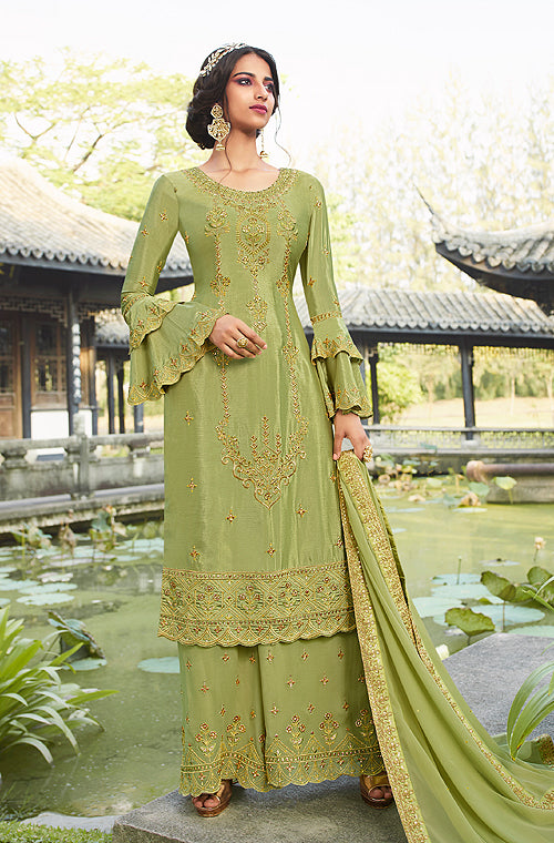 Olive Green Designer Embroidered Party Wear Palazzo Suit-Saira's Boutique