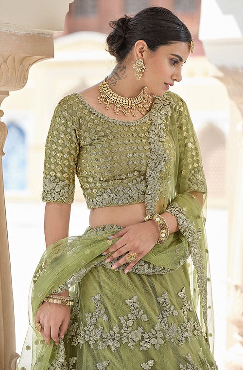 Buy Olive Green Lehenga with Striped Pattern Embroidery that Comes with  Gota-Marodi Worked Blouse & an Embroidered Dupatta by PUNIT BALANA at Ogaan  Online Shopping Site