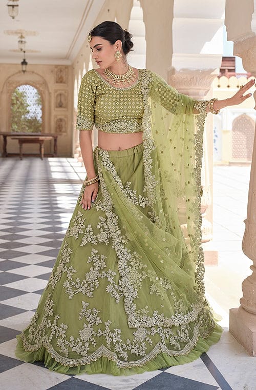 Olive Green Designer Heavy Embroidered Bridal Lehenga