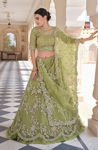 Olive Green Designer Heavy Embroidered Net Wedding & Bridal Lehenga