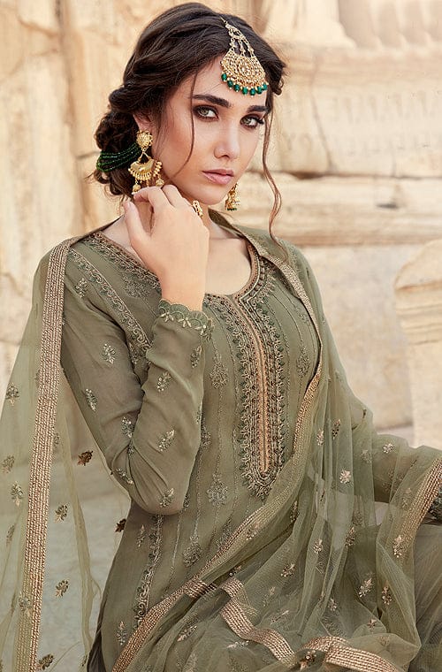 Olive Heather Designer Embroidered Georgette Sharara Suit-Saira's Boutique