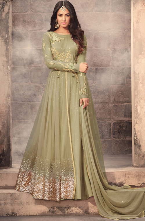 Olive Green Designer Embroidered Net Wedding Anarkali Suit-Saira's Boutique