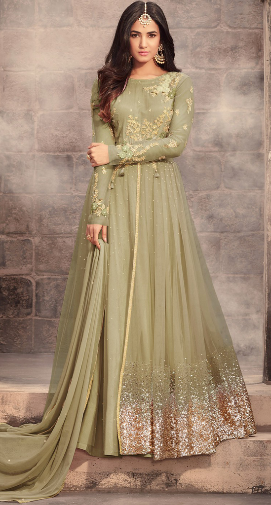 Olive Green Designer Embroidered Net Wedding Anarkali Suit-Saira's Boutique