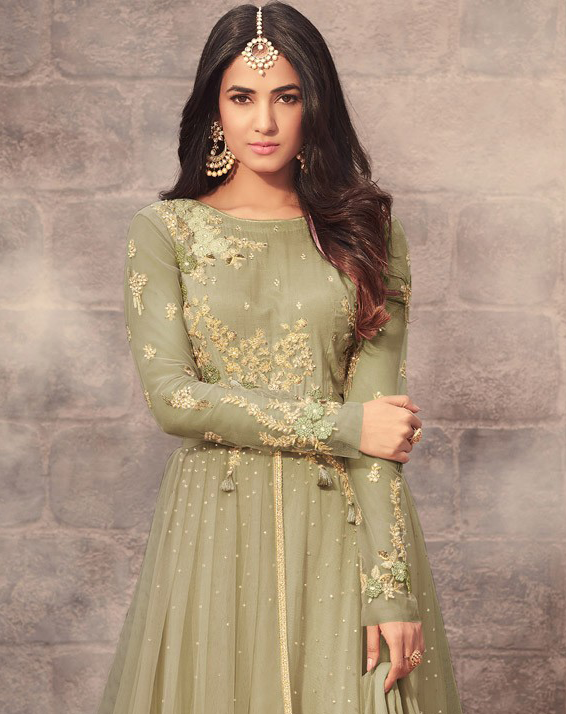 Olive Green Designer Embroidered Net Wedding Anarkali Suit-Saira's Boutique