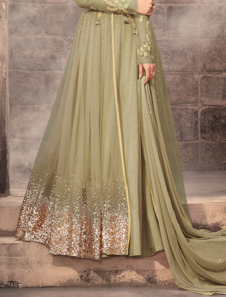 Olive Green Designer Embroidered Net Wedding Anarkali Suit-Saira's Boutique