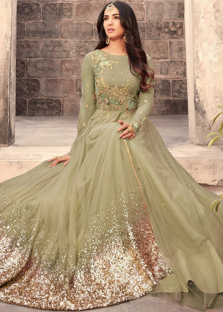 Olive Green Designer Embroidered Net Wedding Anarkali Suit-Saira's Boutique