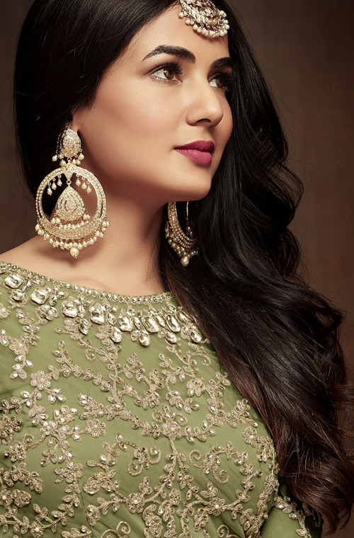Olive Green Designer Embroidered Net Wedding Bridal Anarkali Suit-Saira's Boutique