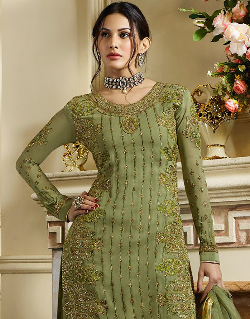 Olive Green Designer Embroidered Satin Georgette Gharara Suit-Saira's Boutique