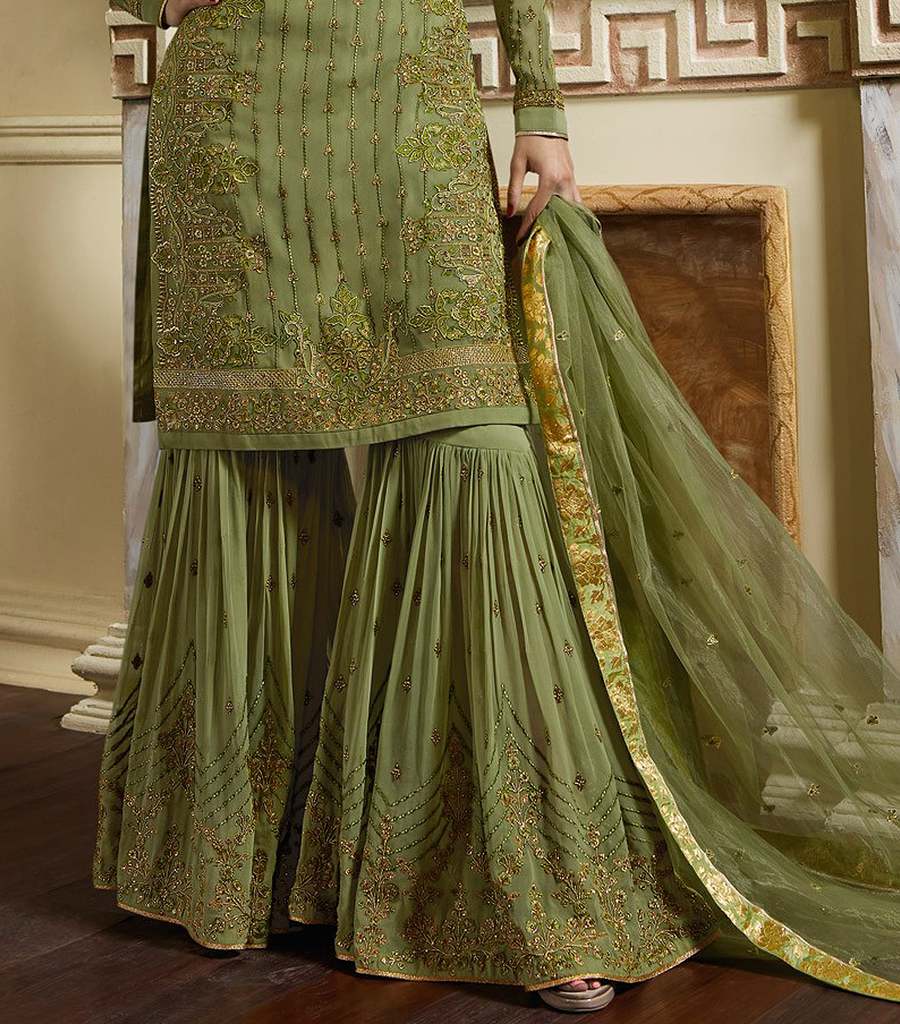 Olive Green Designer Embroidered Satin Georgette Gharara Suit-Saira's Boutique