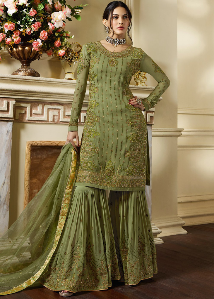 Olive Green Designer Embroidered Satin Georgette Gharara Suit-Saira's Boutique