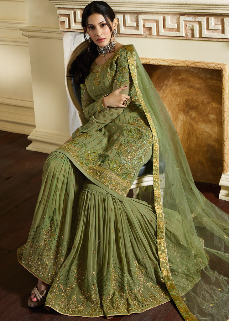 Olive Green Designer Embroidered Satin Georgette Gharara Suit-Saira's Boutique