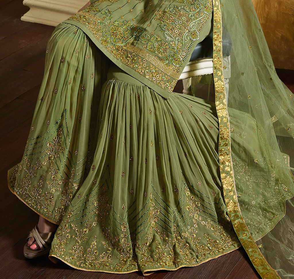 Olive Green Designer Embroidered Satin Georgette Gharara Suit-Saira's Boutique