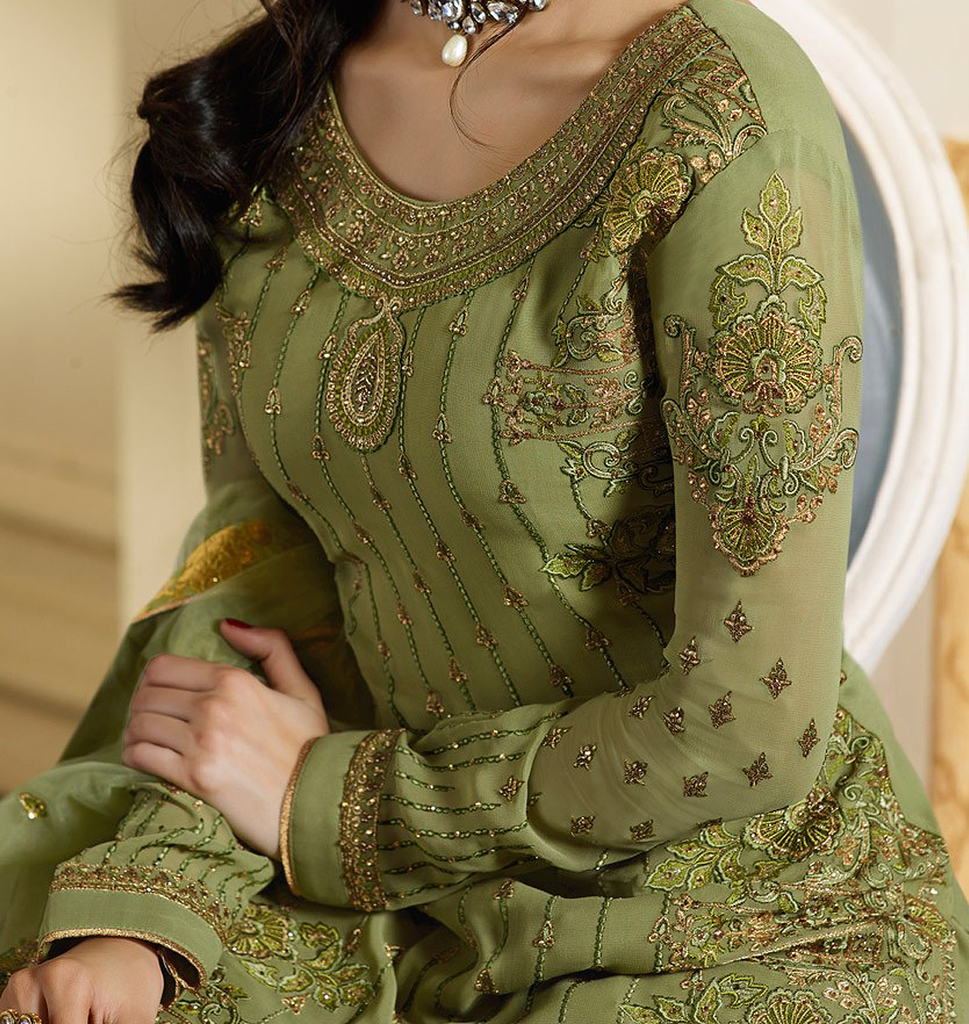 Olive Green Designer Embroidered Satin Georgette Gharara Suit-Saira's Boutique
