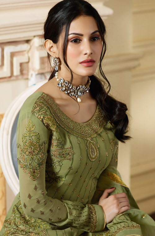 Olive Green Designer Embroidered Satin Georgette Gharara Suit-Saira's Boutique