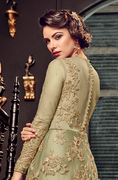 Olive Green Designer Heavy Embroidered Net Bridal Anarkali Gown-Saira's Boutique