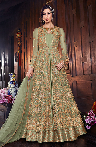 Light Sea Green Designer Embroidered Satin Silk Anarkali Gown