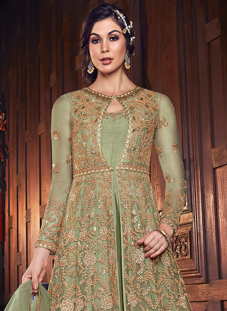 Latest Green Color Designer Heavy Embroidered Gown