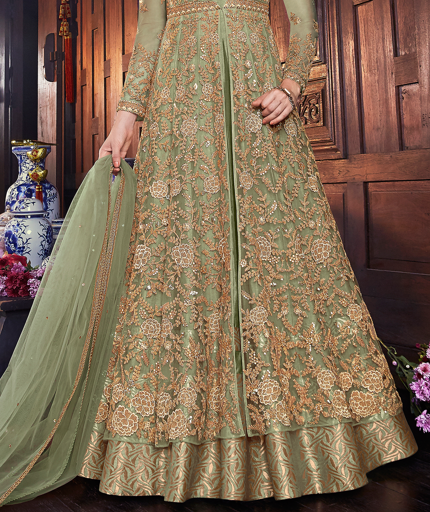 RECEPTION GREEN LONG TRAIL BRIDAL GOWN WITH GOLDEN EMBROIDERY -