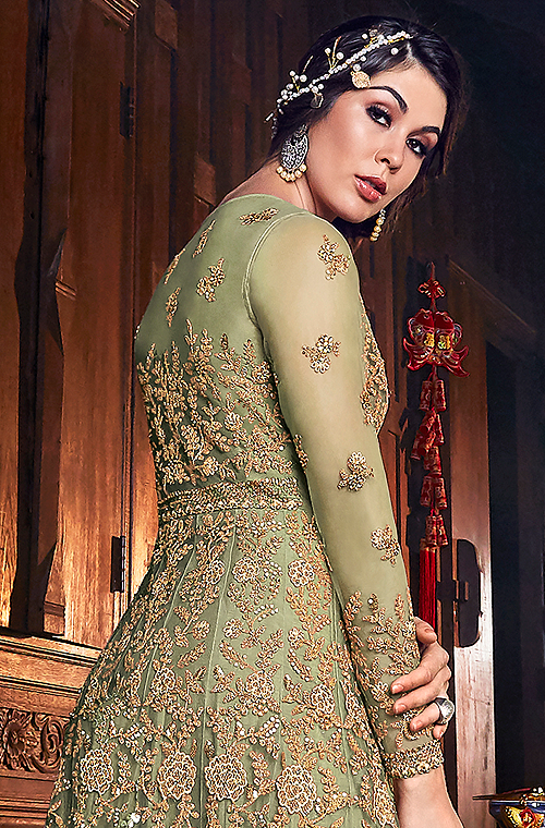 Olive Green & Gold Designer Embroidered Silk Bridal Anarkali Gown-Saira's Boutique