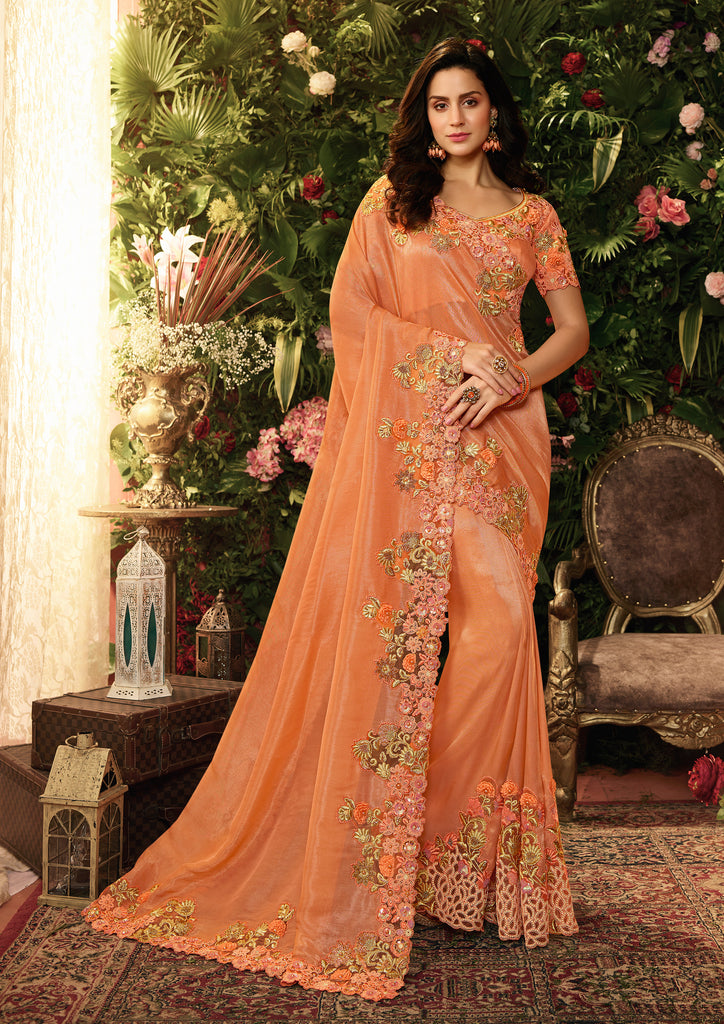 Orange Designer Embroidered Viscose Tissue Party Wear Saree-Saira's Boutique
