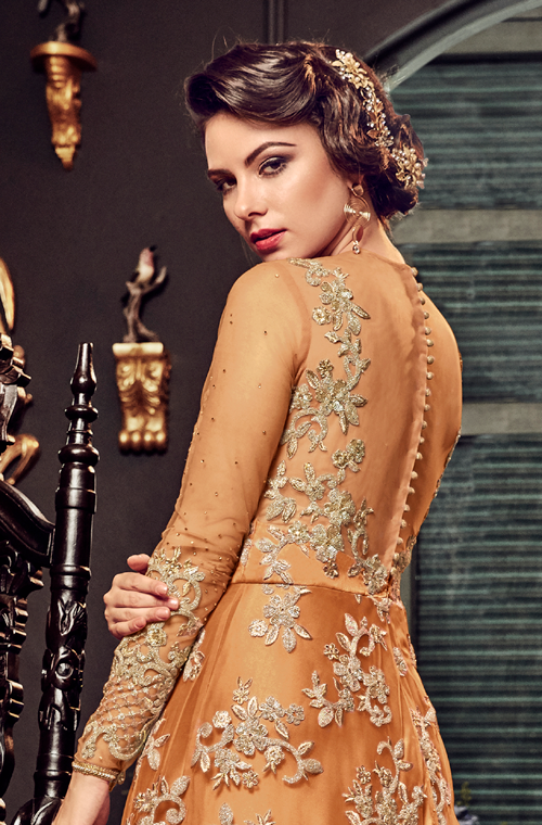 Orange Designer Heavy Embroidered Net Bridal Anarkali Gown-Saira's Boutique