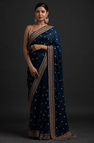 Navy Blue Multicolor Designer Embroidered Silk Wedding Saree