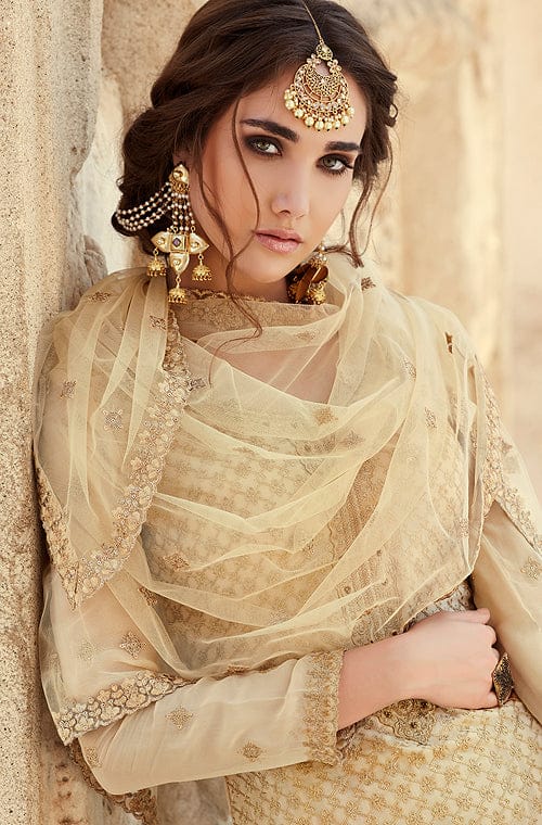 Pale Cream Designer Embroidered Georgette Sharara Suit-Saira's Boutique