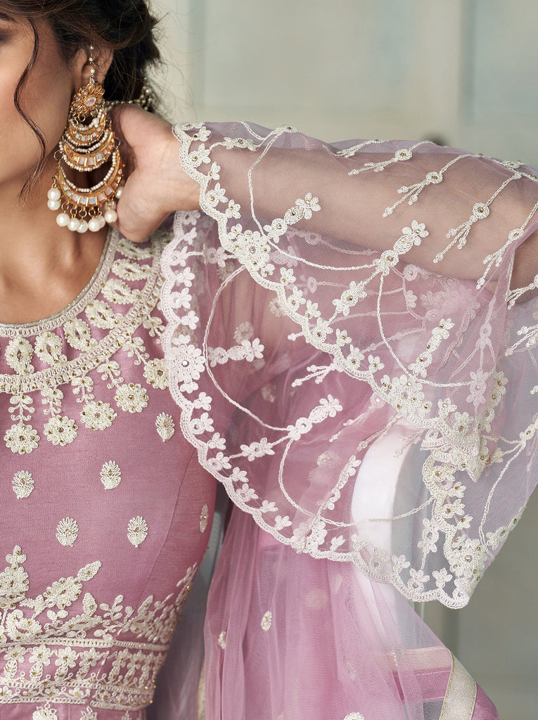 Pale Lavender Designer Embroidered Lehenga Style Anarkali Suit-Saira's Boutique